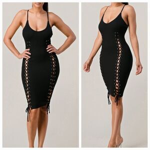 🔹️NWT Pretty Knit USA Black Ribbed Lace Fitted Bodycon Sleeveless Dress Medium